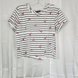 Love Peace & Lazy Days Black and White Striped Crop Tee with Flamingos A…